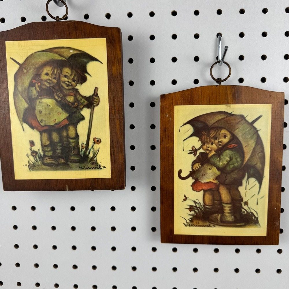Vintage Hummel Wood Wall Plaques Pair‎ Umbrella Boy and Girl Art Prints Goebel